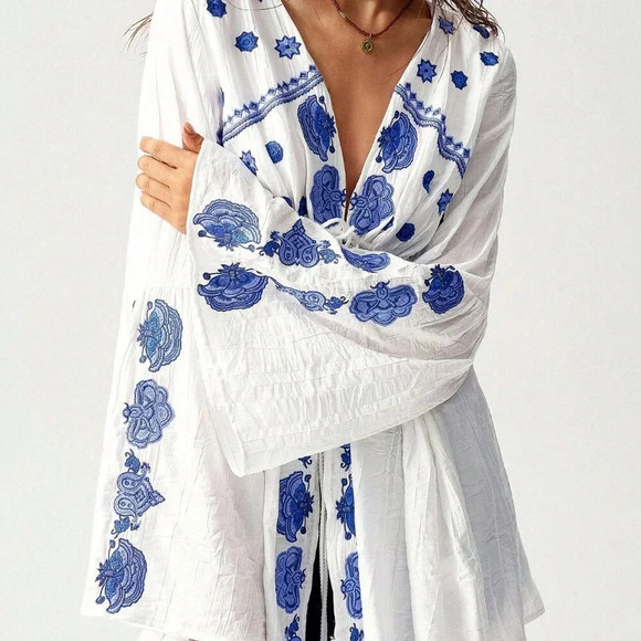 Multicolor Boho Women's Color-Block Embroidered Vacation Casual Shirt - Picture 5 of 8